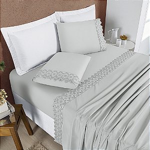 Jogo de Cama Lençol King 04 Peças Bordado Micropercal 200 Fios Nobless - Cinza Geada