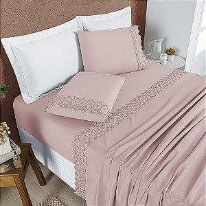 Jogo de Cama Lençol King 04 Peças Bordado Micropercal 200 Fios Nobless - Sal Rosa