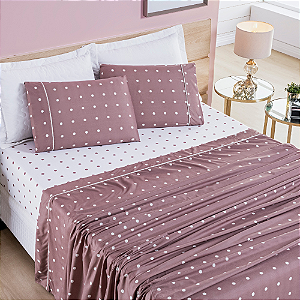 Jogo de cama Casal Padrão 04 peças Micro Percal 200 Fios Petit Poá Estampa - Rosê