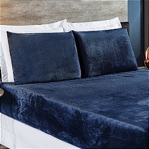 Jogo de lençol Casal Padrão 03 Peças Plush Manta Flannel BiaSoft Aveludada de Inverno - Marinho
