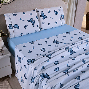 Jogo de lençol Casal Padrão 04 Peças 100% Algodão Percal 180 fios Vivale - Borboletas Azul