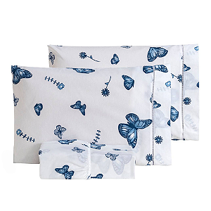 Jogo de lençol Queen 03 Peças 100% Algodão Percal 180 fios Vivale - Borboletas Azul