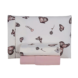 Jogo de lençol Solteiro 03 Peças 100% Algodão Percal 180 fios Vivale - Borboletas Rosê