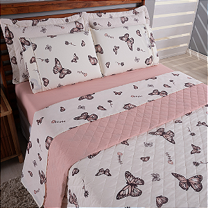 Kit 07 Peças Cobre leito + Jogo de lençol Casal 100% Algodão Percal 180 fios Vivale - Borboletas Rosê