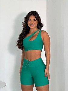 Conjunto Fitness Short com Amarração Frontal e Top de Um Ombro