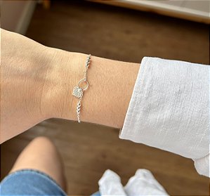 Pulseira em Prata  Pingente Coração