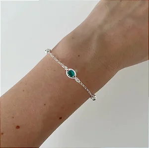 Pulseira em Prata  Zircônia Verde Central e Bolas