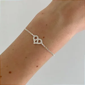 Pulseira de Prata Coração Central Cravejada