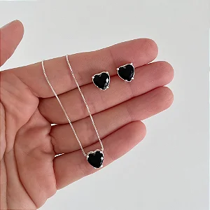 Conjunto em Prata Coração Zircônia Preto