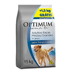 Ração Optimum para Cães Adultos Raças Médias e Grandes 1+ anos Frango e Arroz Leve 15 kg Pague 13,5 kg