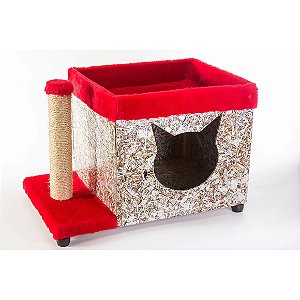 Casinha Gato com Poste Arranhador Vermelha Único