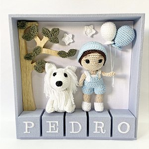 Porta maternidade masculino com 1 menininho e 1 cachorrinho