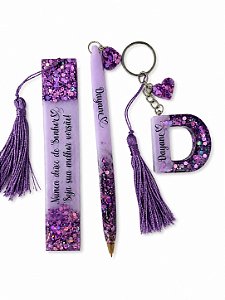 Kit de Resina Personalizado Lilas Glitter com Nome