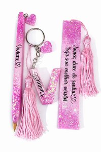 Kit de Resina Personalizado Rosa Glitter com Nome