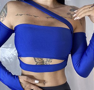 Cropped Sara manga longa (azul)