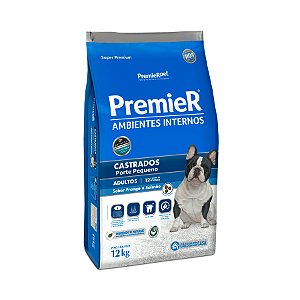 Ração Premier Ambientes Internos p/ Cães Adulto Castrados Porte Pequeno Frango e Salmão 12 kg