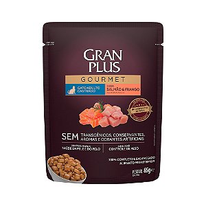 Ração Úmida Gran Plus Gourmet Gato AD. Castrado sabor Frango/Salmão Sachê 85g