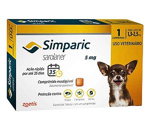 Simparic Ectoparasiticida Anti-pulgas p/ Cães de 1,3 a 2,5 kg 5 mg c/ 1 Comprimido