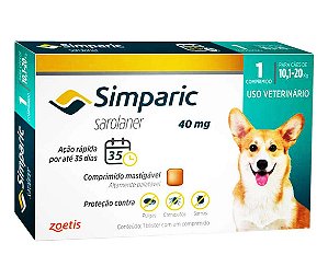 Simparic Ectoparasiticida Anti-Pulgas p/ Cães de 10,1 a 20 kg 40 mg c/ 1 comprimido