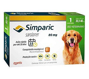 Simparic Ectoparasiticida Anti-Pulgas p/ Cães de 20,1 a 40 kg de 80 mg c/1 comprimido