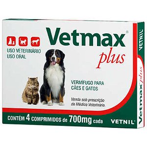 Vetmax Plus Endoparasiticida Fembendazol Praziquantel p/ Cães e Gatos c/ 4 Comprimidos de 700 mg cada