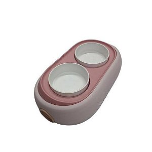 Comedouro Duplo de Cerâmica Regulável Rosa p/ Cães e Gatos