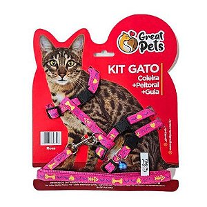 Kit Peitoral - Coleira + Guia Rosa p/ Gatos