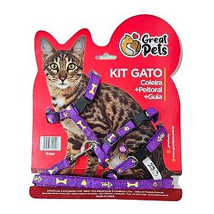 Kit Peitoral - Coleira + Guia Roxo p/ Gatos