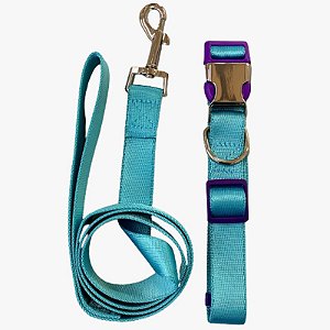 Coleira c/ Guia Great Pets Azul Metal Tamanho M