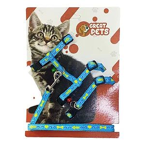 Kit Peitoral + Coleira + Guia Azul p/ Gatos