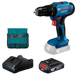 FURADEIRA E PARAFUSADEIRA DE IMPACTO GSB 183-LI 18V + 1 BATERIA, CARREGADOR, EXTENSOR, 12 BROCAS 06019K91E5-000 - BOSCH
