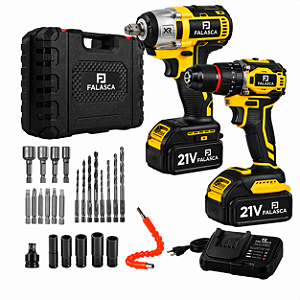 KIT FURADEIRA DE IMPACTO PROFISSIONAL 13MM + CHAVE DE IMPACTO 350NM 1/2" PROFISSIONAL COM BATERIAS 21V E ACESSORIOS FIDIW21B2 FALASCA