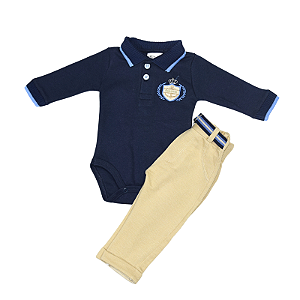 Conjunto Body Bordado e Calça com Cinto - Elegância e Conforto para o Seu Bebê - Azul Marinho