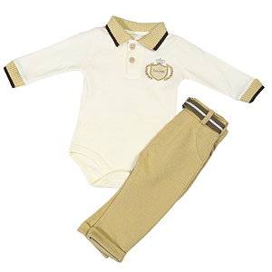 Conjunto Body Bordado e Calça com Cinto - Elegância e Conforto para o Seu Bebê - Nude