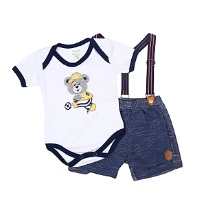 Conjunto Body e Bermuda com Suspensórios Malha Suedine Bordado de Ursinho P-M-G