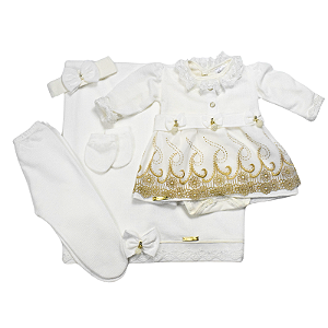 Saída de Maternidade 6 Peças em Malha Tricô – Vestido, Body, Manta, Luvas e Tiara - Nude