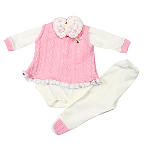 Conjunto de Pagão Feminino 3 Peças – Vestidinho em Tricô + Body e Mijão em Malha - Rosa bebê
