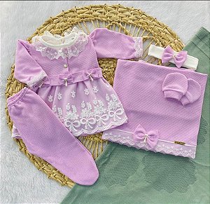 Saída de Maternidade 6 Peças em Malha Tricô – Vestido, Body, Manta, Luvas e Tiara - Lavanda