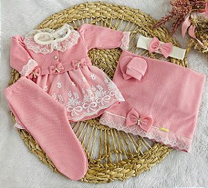 Saída de Maternidade 6 Peças em Malha Tricô – Vestido, Body, Manta, Luvas e Tiara - Rosa Chique