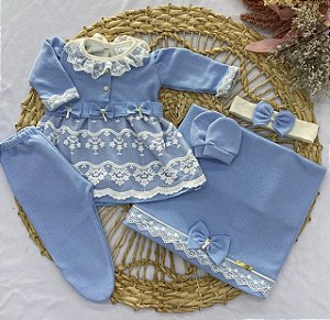 Saída de Maternidade 6 Peças em Malha Tricô – Vestido, Body, Manta, Luvas e Tiara - Azul bebê
