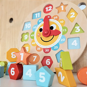 Relógio de encaixe solzinho brinquedo educativo de horas e formas em madeira para coordenação 3+