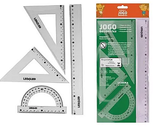 Kit Geométrico Escolar 4 Peças – Régua, Esquadros e Transferidor