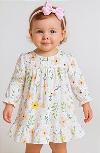 Vestido Bebê e Infantil Luxo Manga Longa com Tiara 100% Algodão Tricoline - Malu