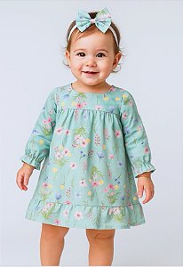 Vestido Infantil Bebê Florido Manga Longa Luxo com Laço de Cabelo - Aurora