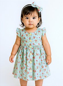 Vestido Infantil e Bebê Florido Manga Curta 100% Algodão com Laço