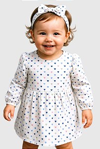 Vestido Infantil e Bebê Manga Longa 100% Algodão Com Laço - Coraçãozinho