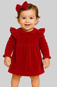 Vestido Infantil e Bebê Luxo em Plush Vermelho Macio com Laço