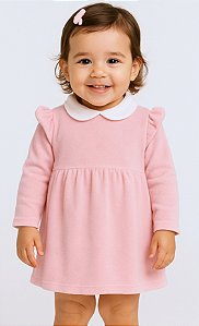 Vestido Infantil Bebê em Plush Rosa claro com Gola Off White  Manga Longa e Laço de cabelo