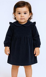 Vestido Infantil Bebê em Plush Azul Marinho Manga Longa com Laço de Cabelo