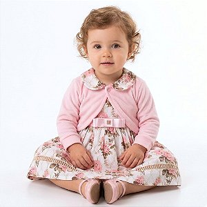 Vestido de Bebê Infantil Luxo Florido Rosa 100% Algodão com Bolero em Plush Quentinho Macio 2 Meses a 4 Anos Imperial Rosa